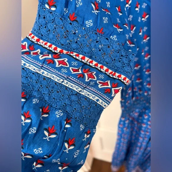 GAP peasant dress bright blue red and white design M - Picture 2 of 8